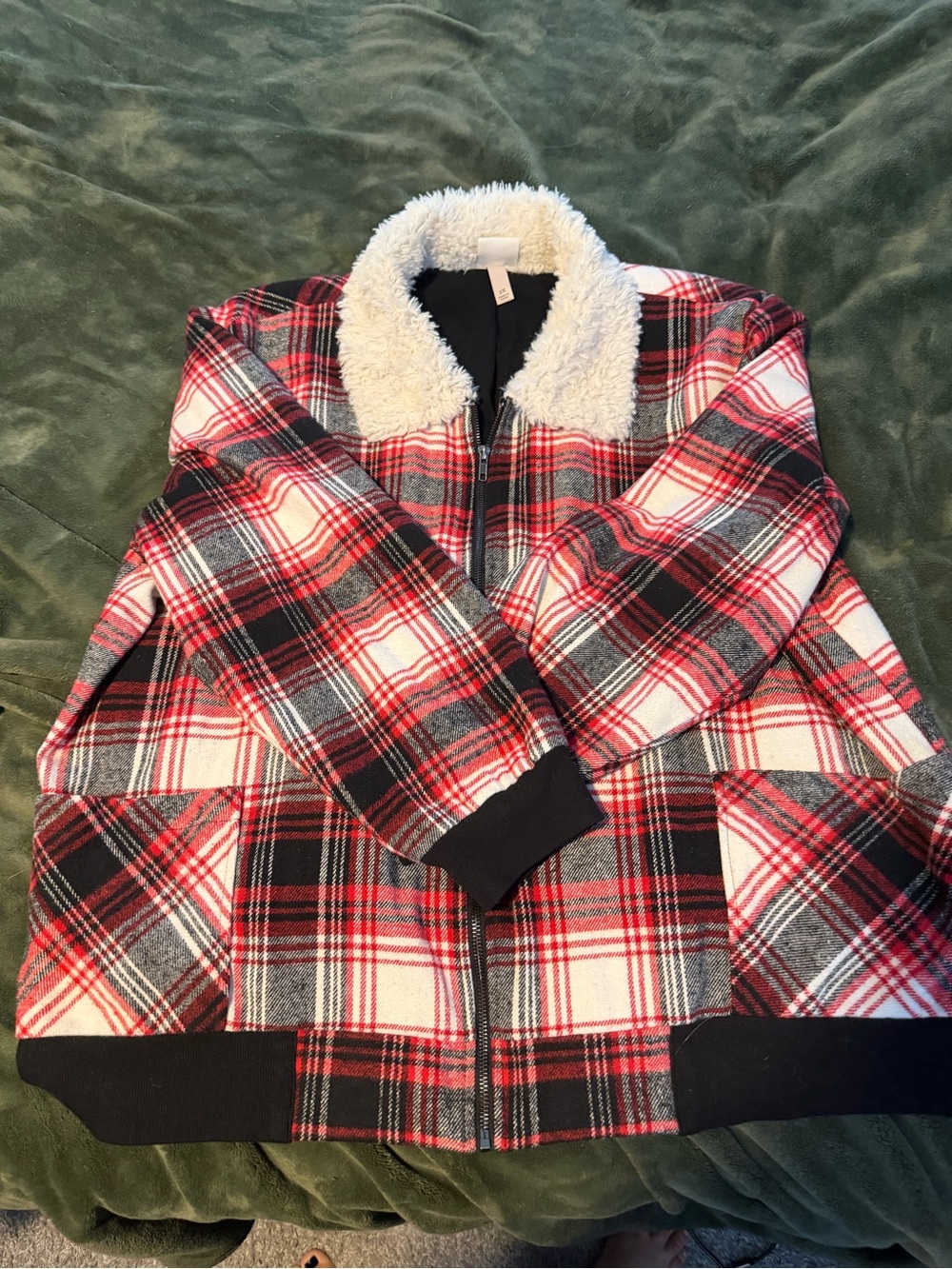 Knox Rose Red Black White Plaid Sherpa Collar Jacket
